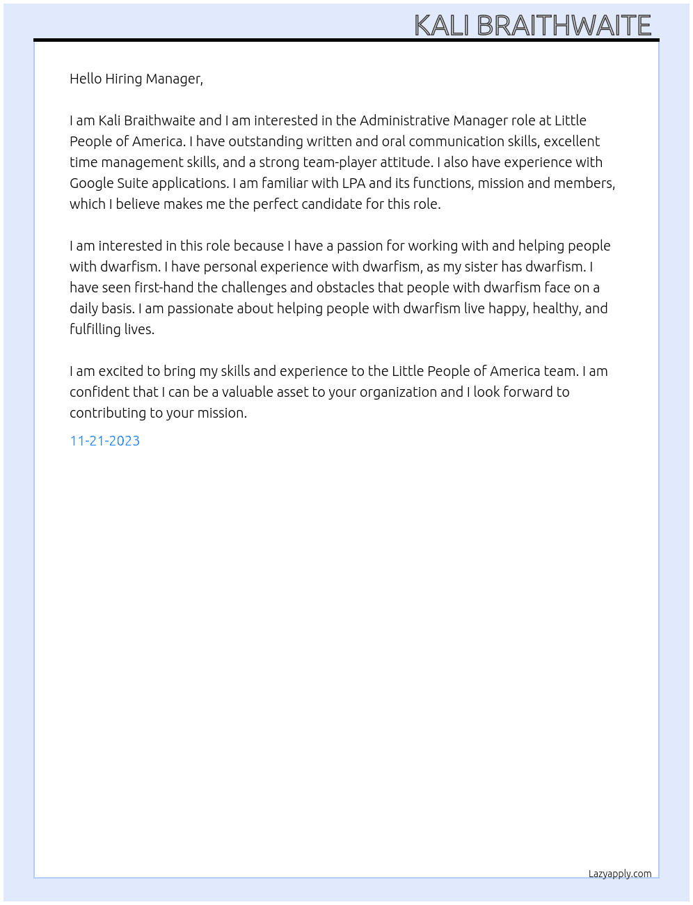 Administrative Manager  At Little People of America Cover Letter
