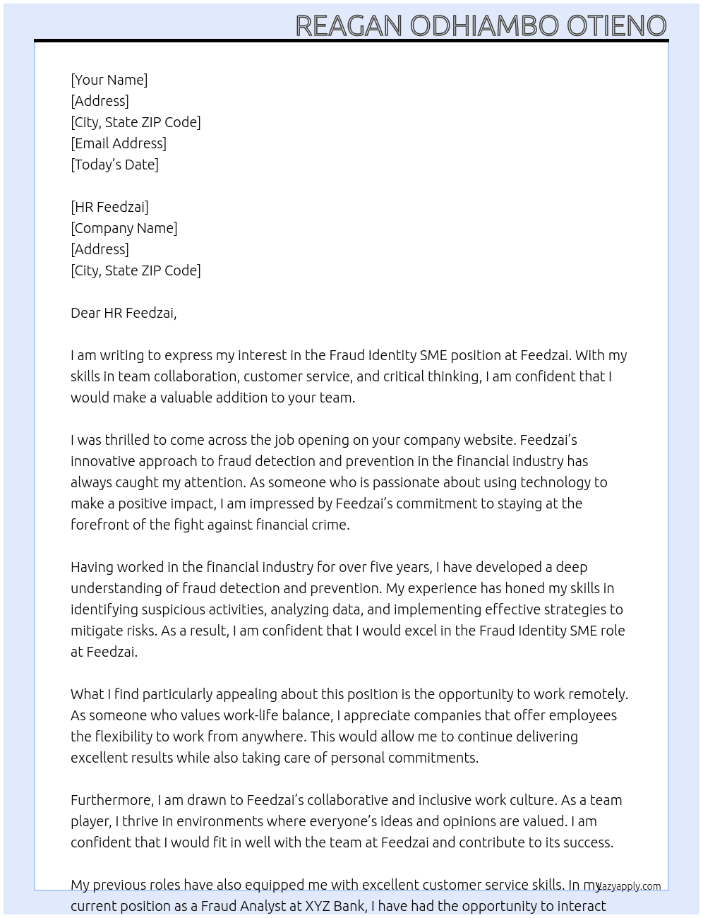 fraud identity SME At feedzai Cover Letter