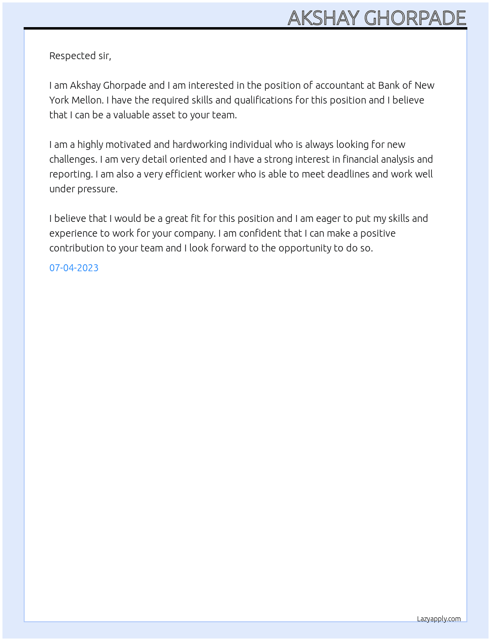 Accountant At Bank of New york mellon Cover Letter