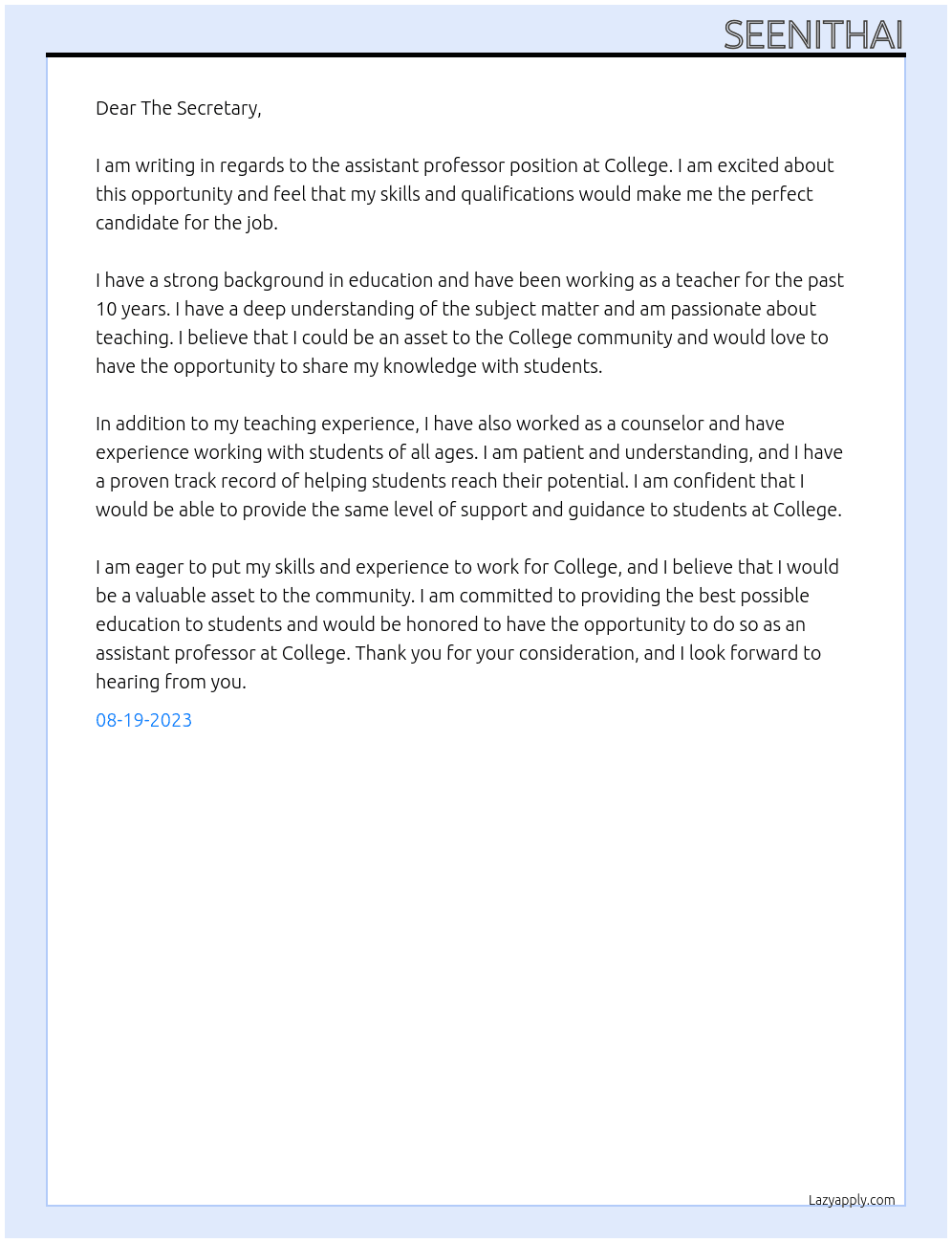 assistant professor  At College Cover Letter