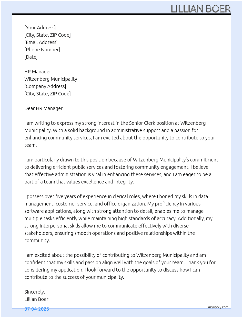 Senior Clerk  At Witzenberg Municipality  Cover Letter
