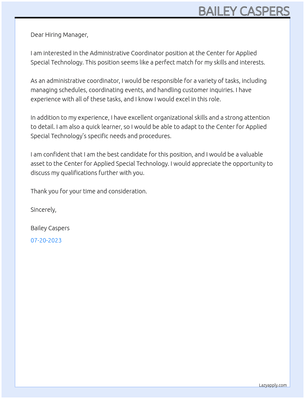 Administrative Coordinator At Center for Applied Special Technology  Cover Letter