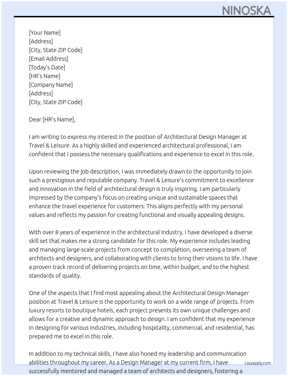Architectural Design Manager At Travel & Leisure Cover Letter
