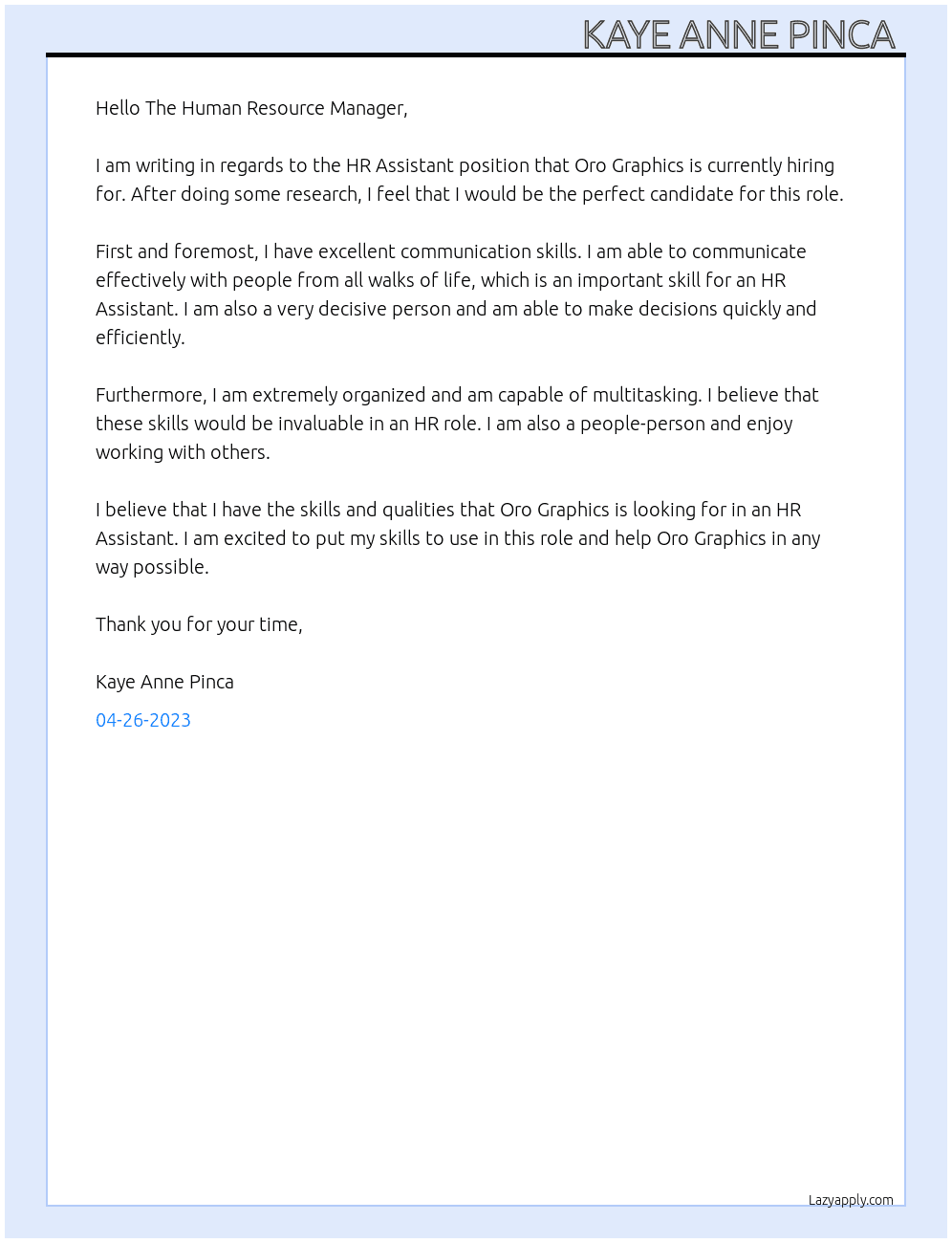 HR Assistant  At Oro Graphics  Cover Letter