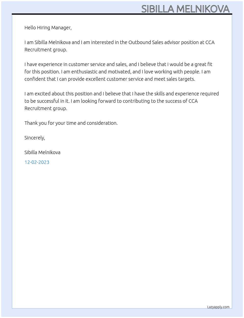 Outbound Sales advisor  At CCA Recruitment group Cover Letter