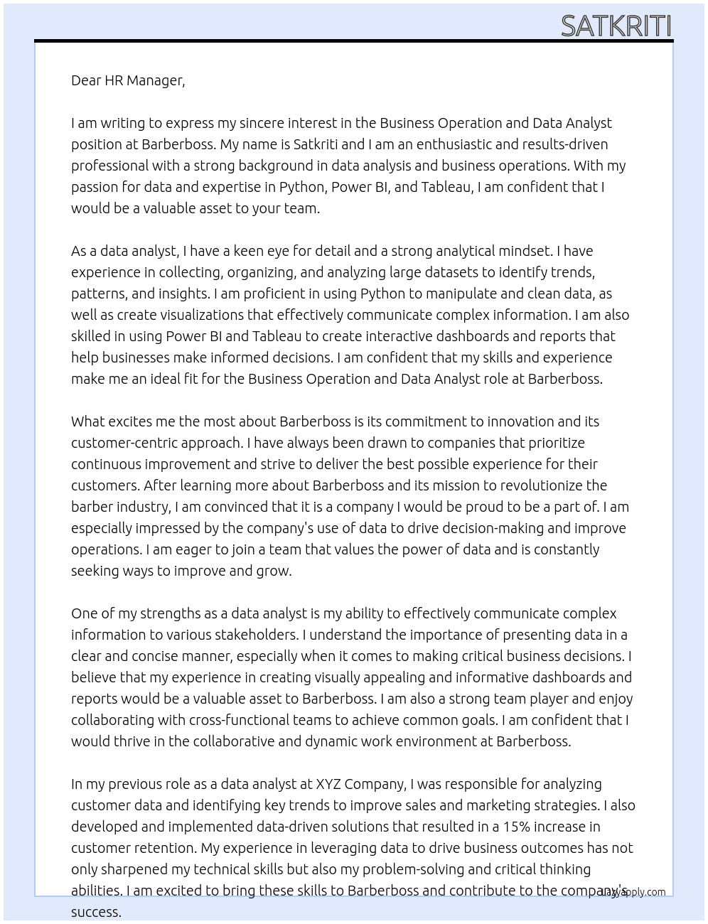 Business Operation and Data Analyst At Barberboss Cover Letter