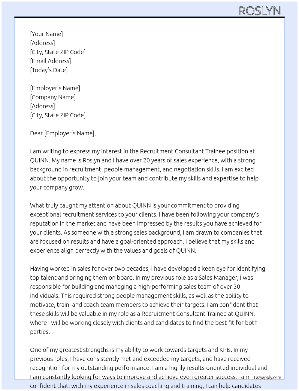 Recruitment Consultant Trainee  At QUINN Cover Letter