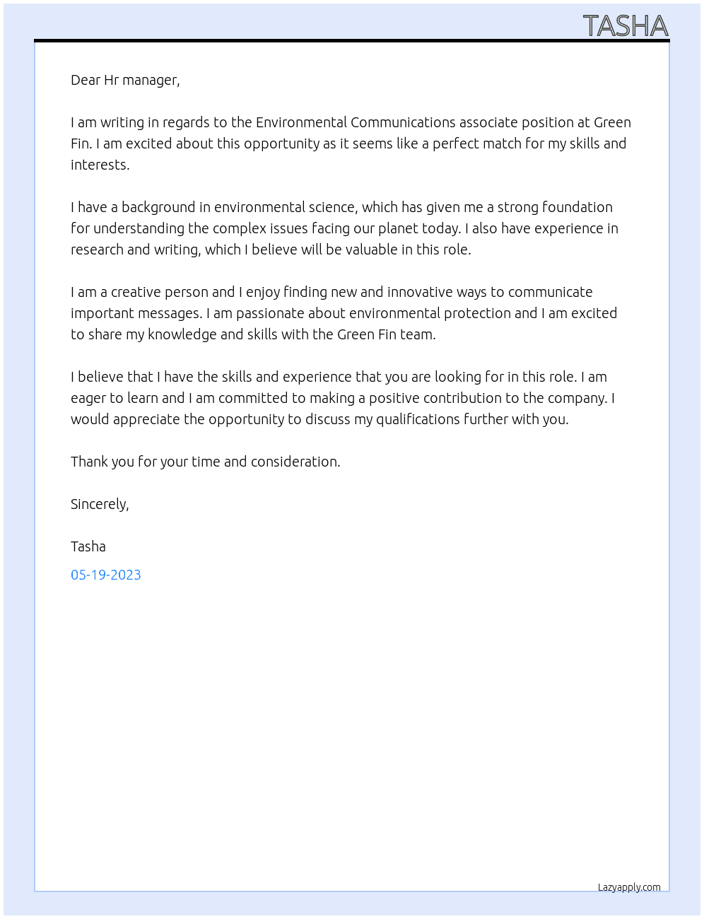 Environmental Communications associate At Green Fin Cover Letter