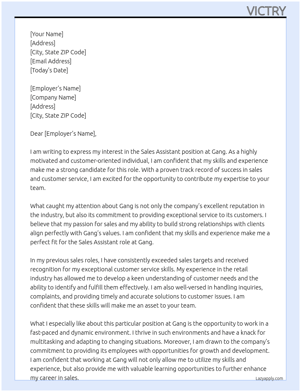 Sales assistant  At Gang Cover Letter