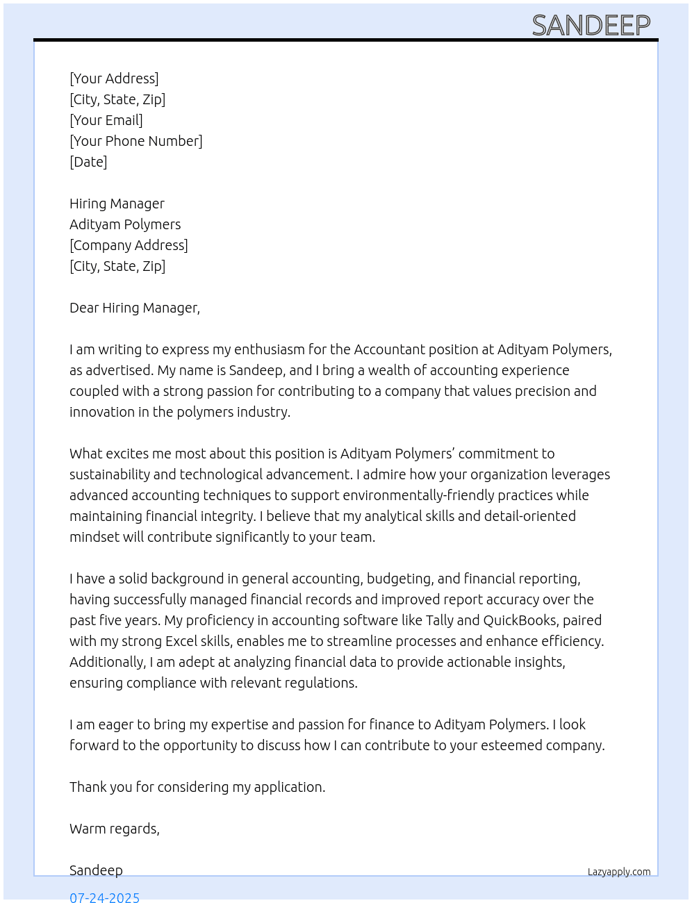accountents At adityam polymers Cover Letter