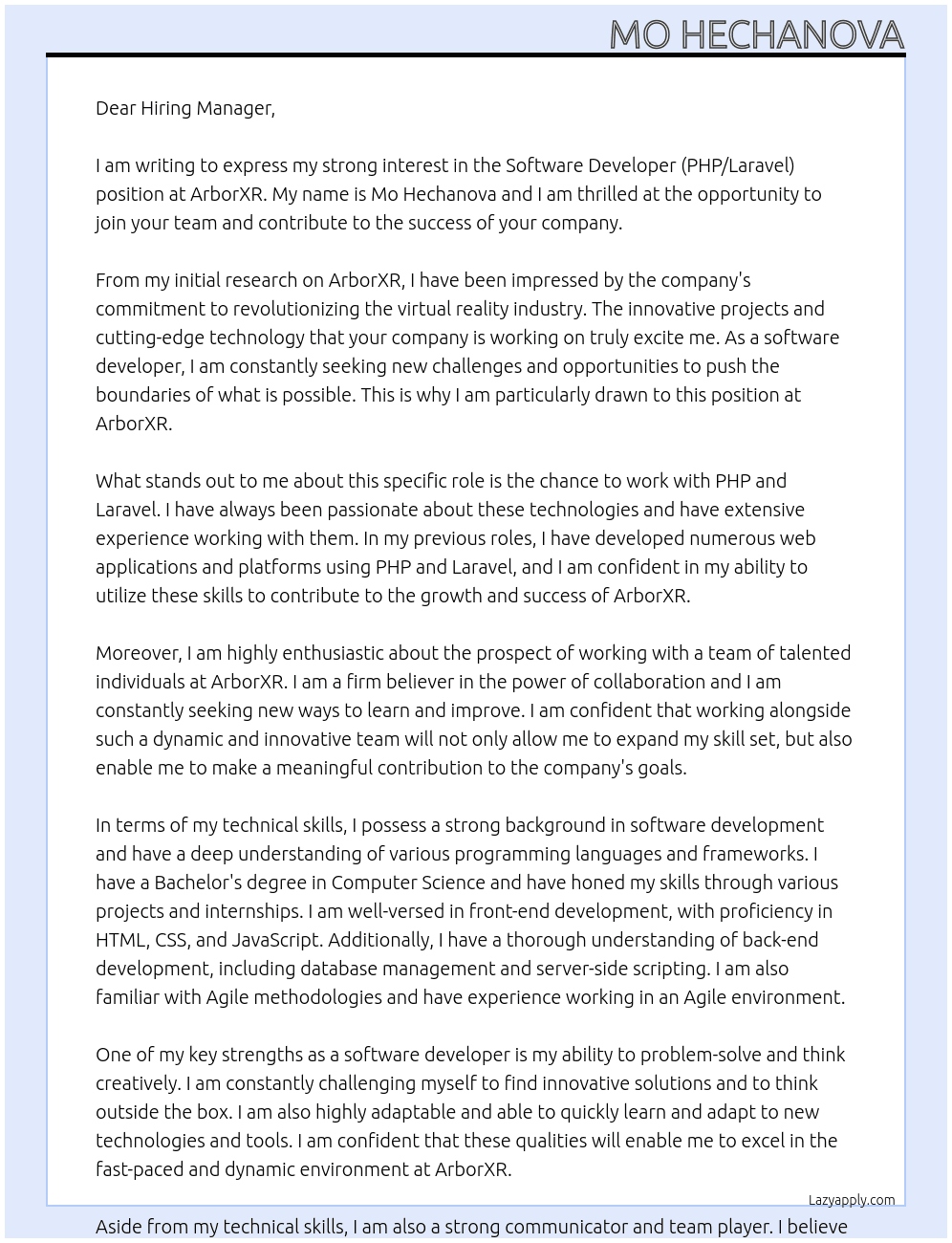 Software Developer (PHP/Laravel) At ArborXR Cover Letter