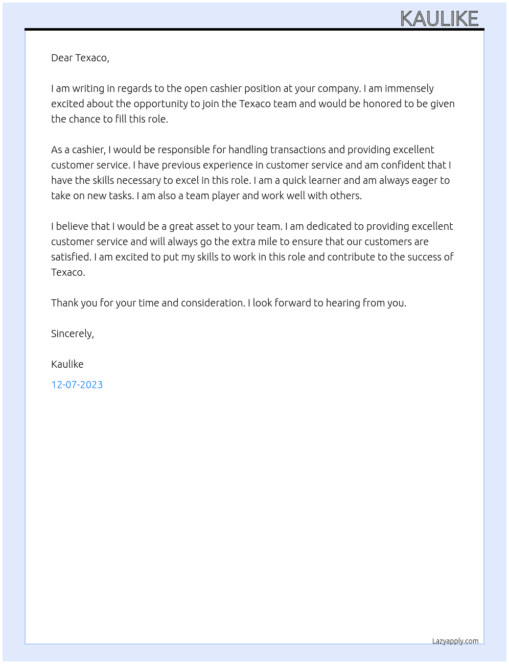 cashier At Texaco Cover Letter