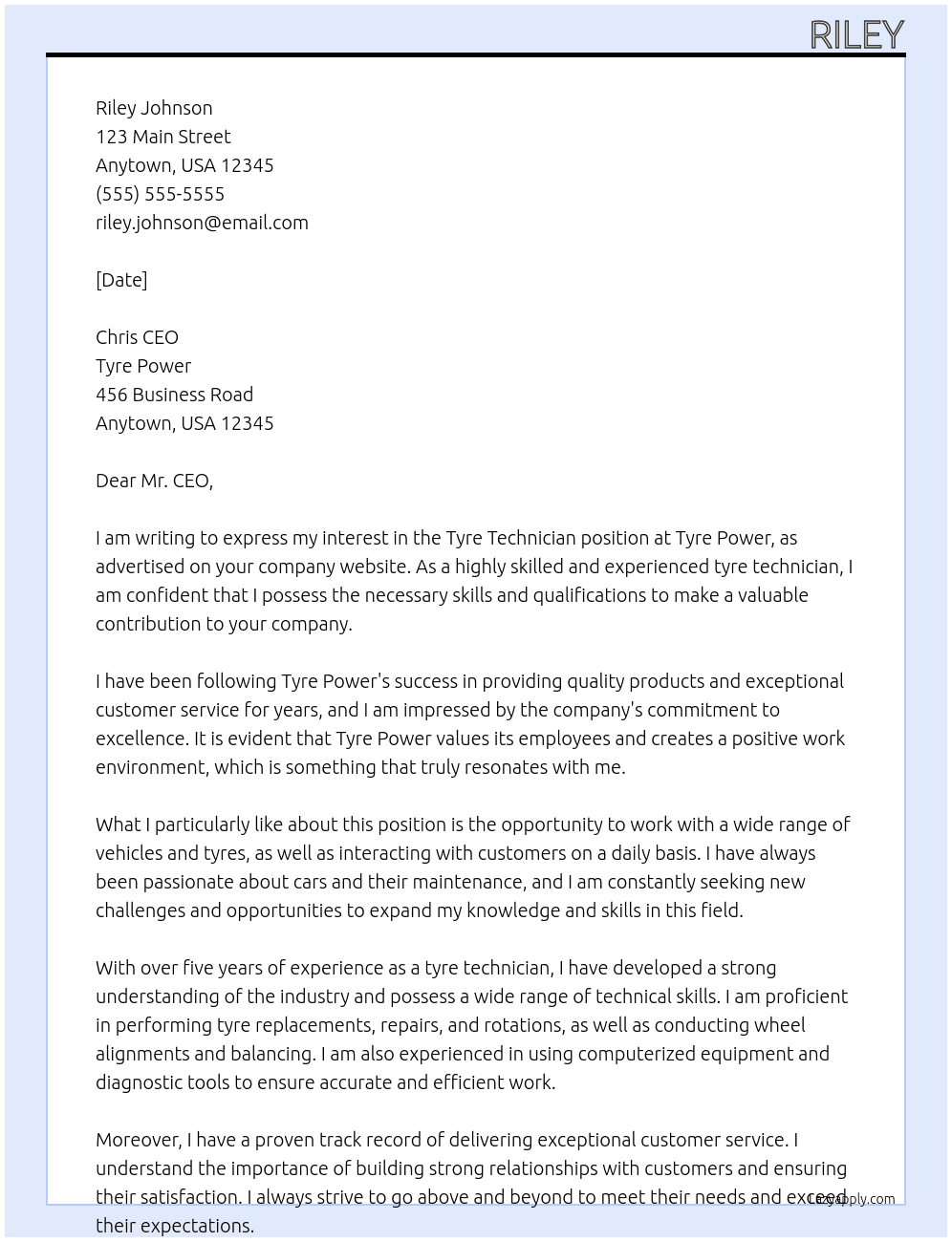 Tyre Technician At Tyre Power Cover Letter