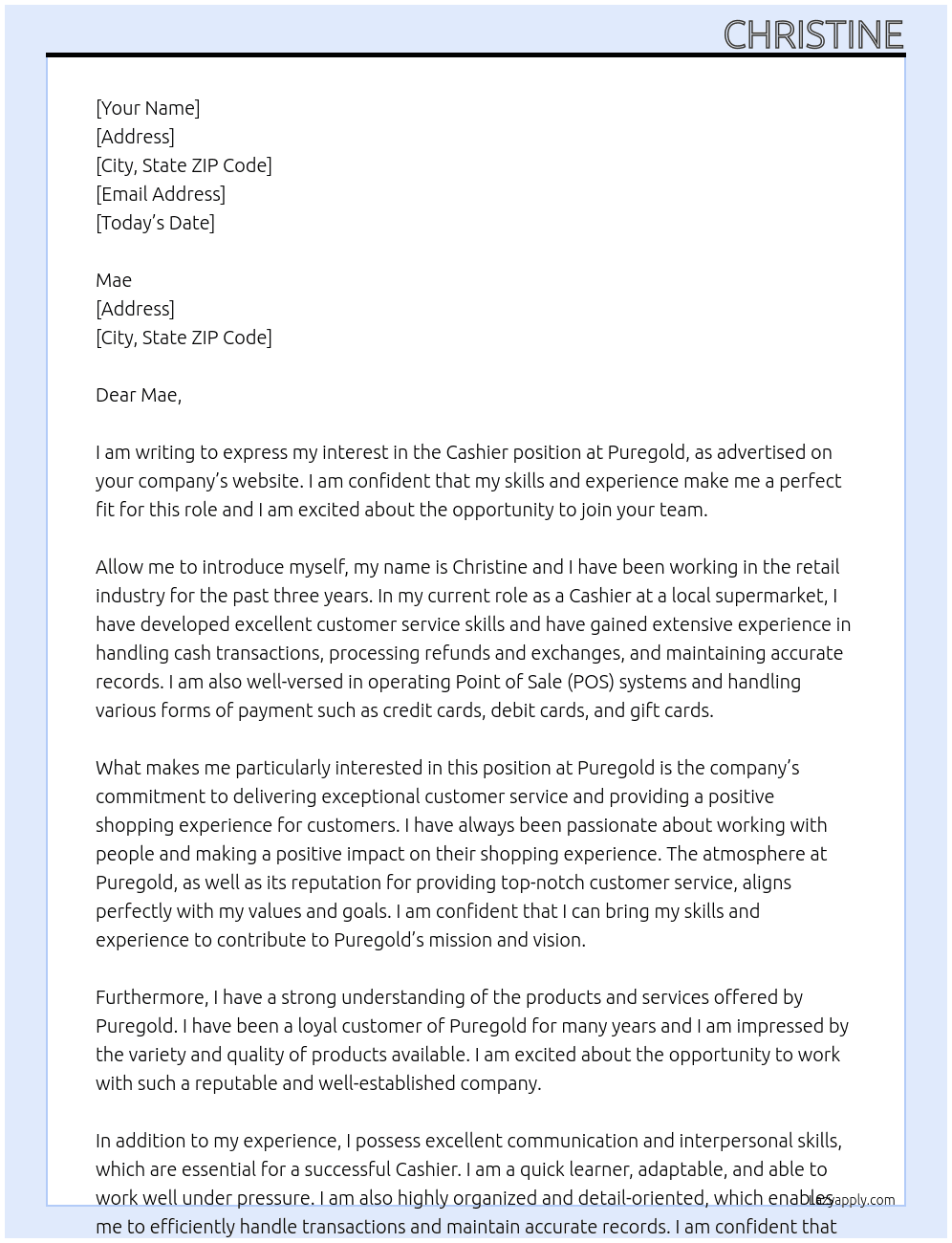 Cashier At Puregold Cover Letter