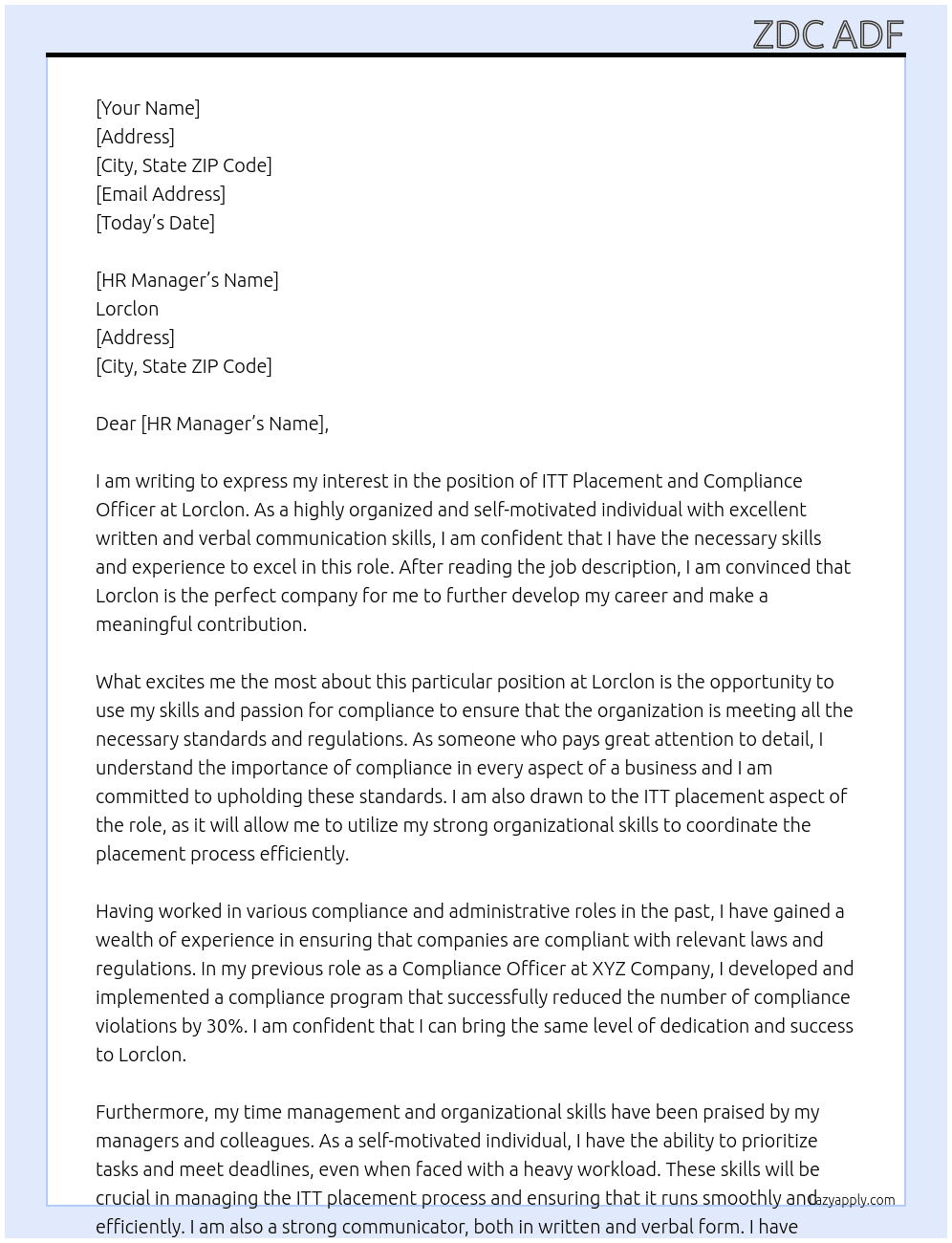 ITT Placement and Compliance Officer  At Lorclon Cover Letter