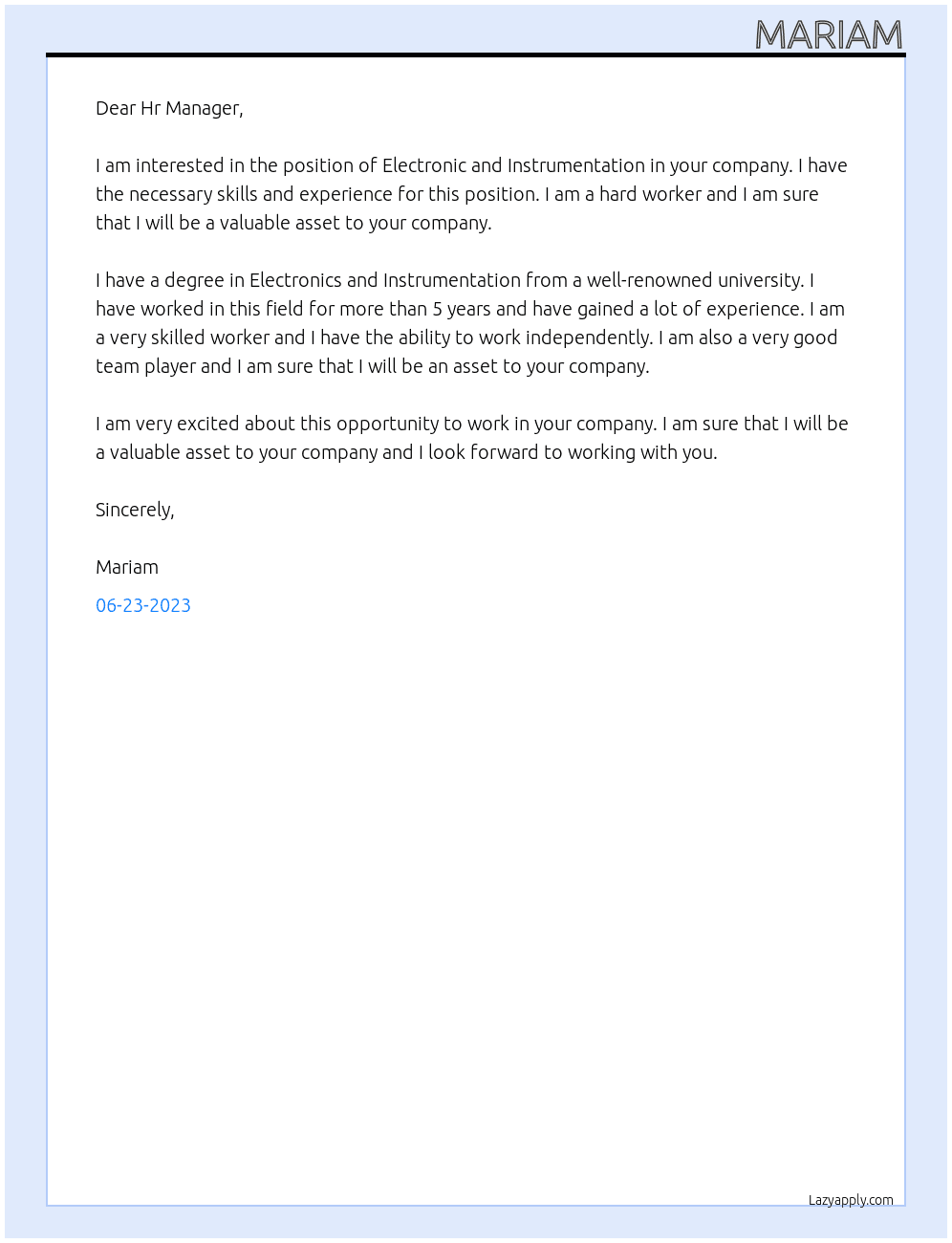 Electronic and Instrumentation  At Patricio Company Cover Letter