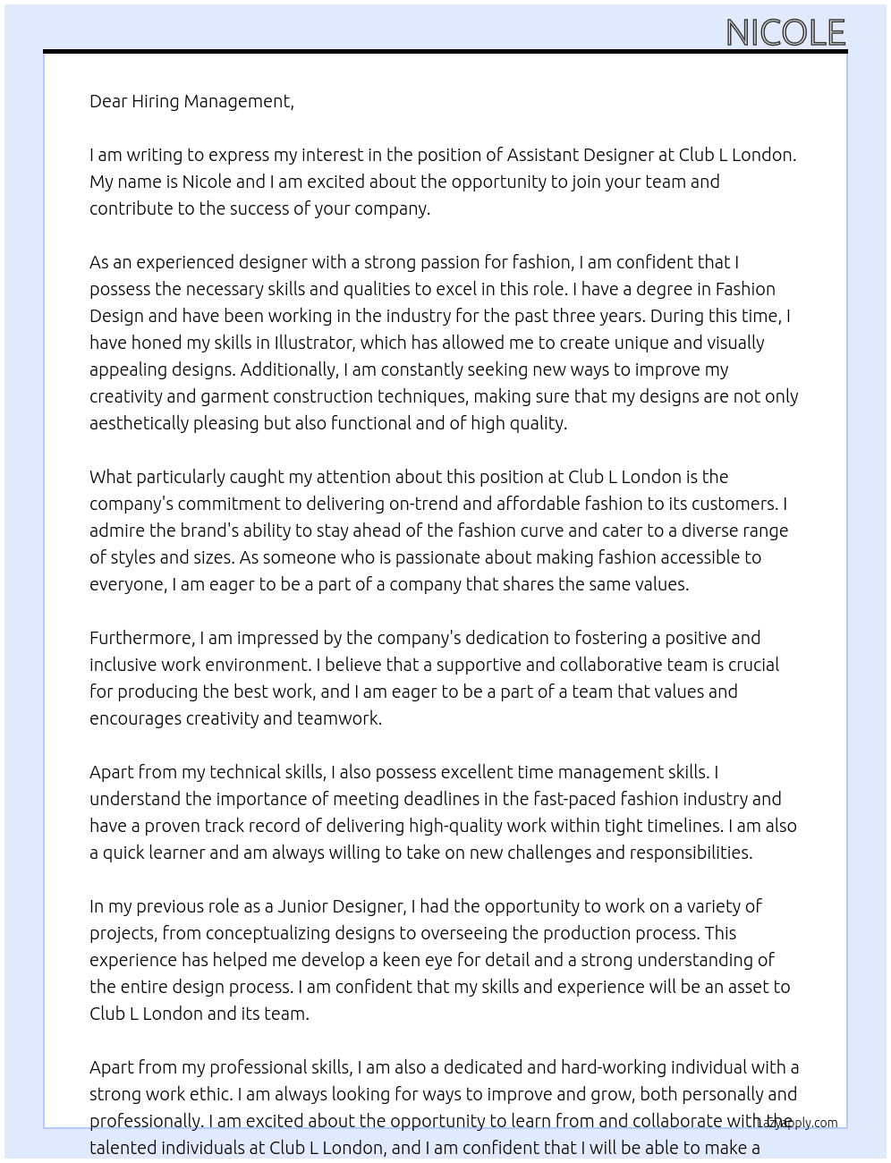 Assistant Designer At Club L London Cover Letter