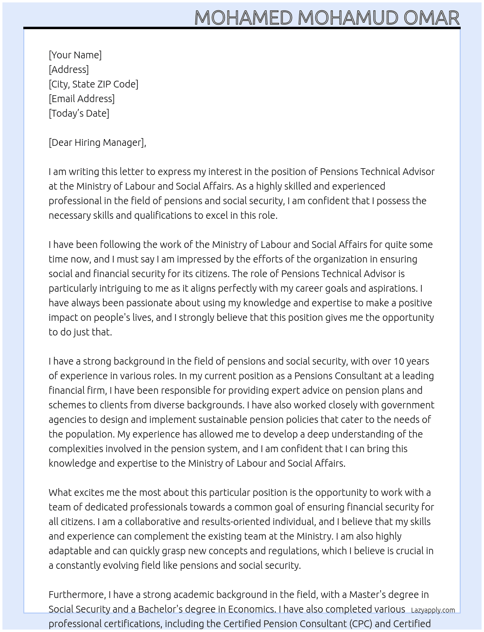 Pensions Technical Advisor At Ministry of Labour and Social Affairs Cover Letter