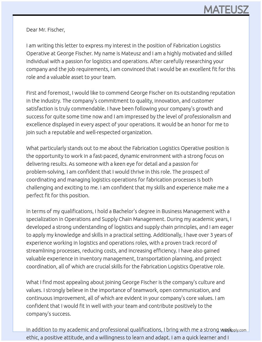 Fabrication Logistics Operative At George Fischer Cover Letter