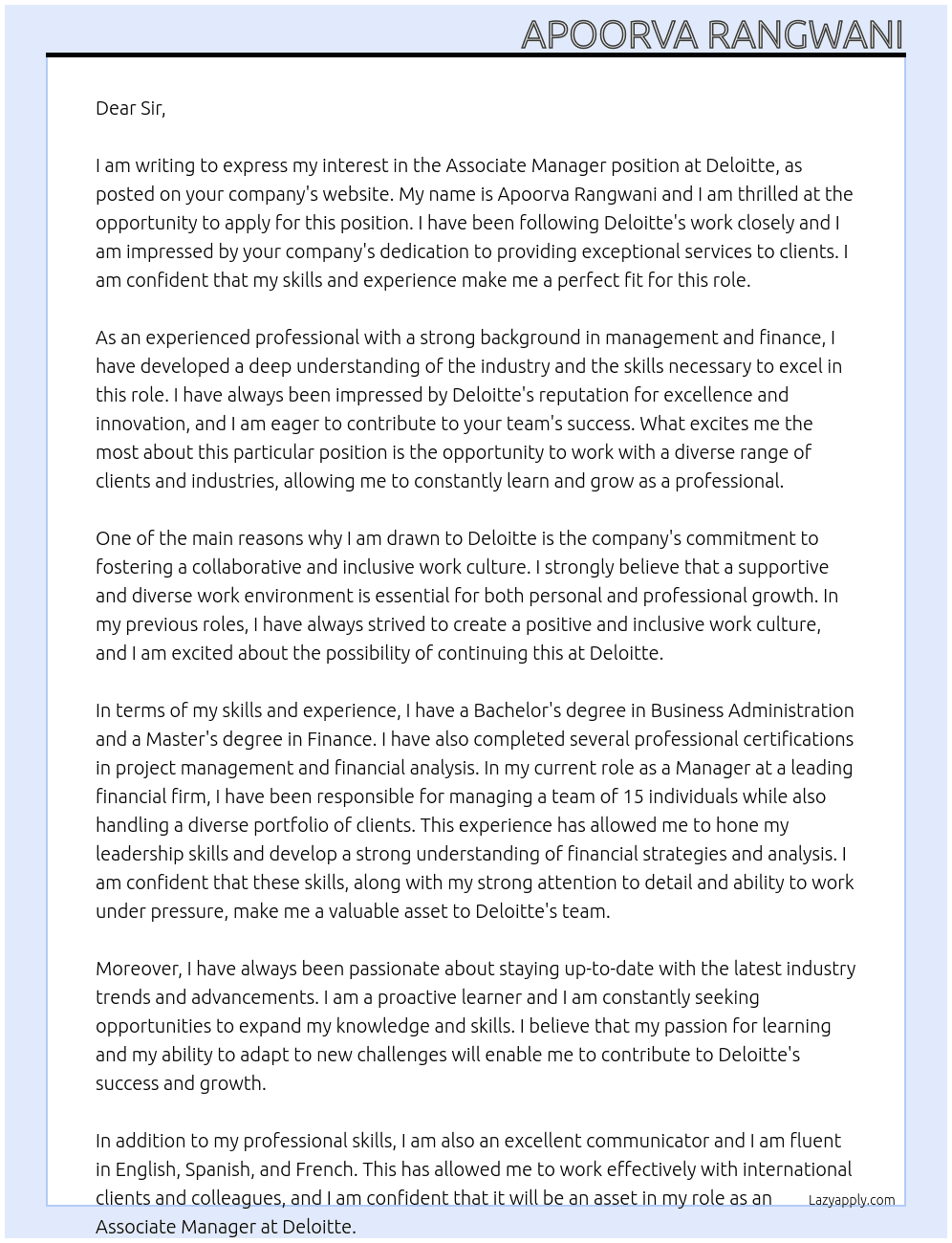 Associate Manager At Deloitte Cover Letter