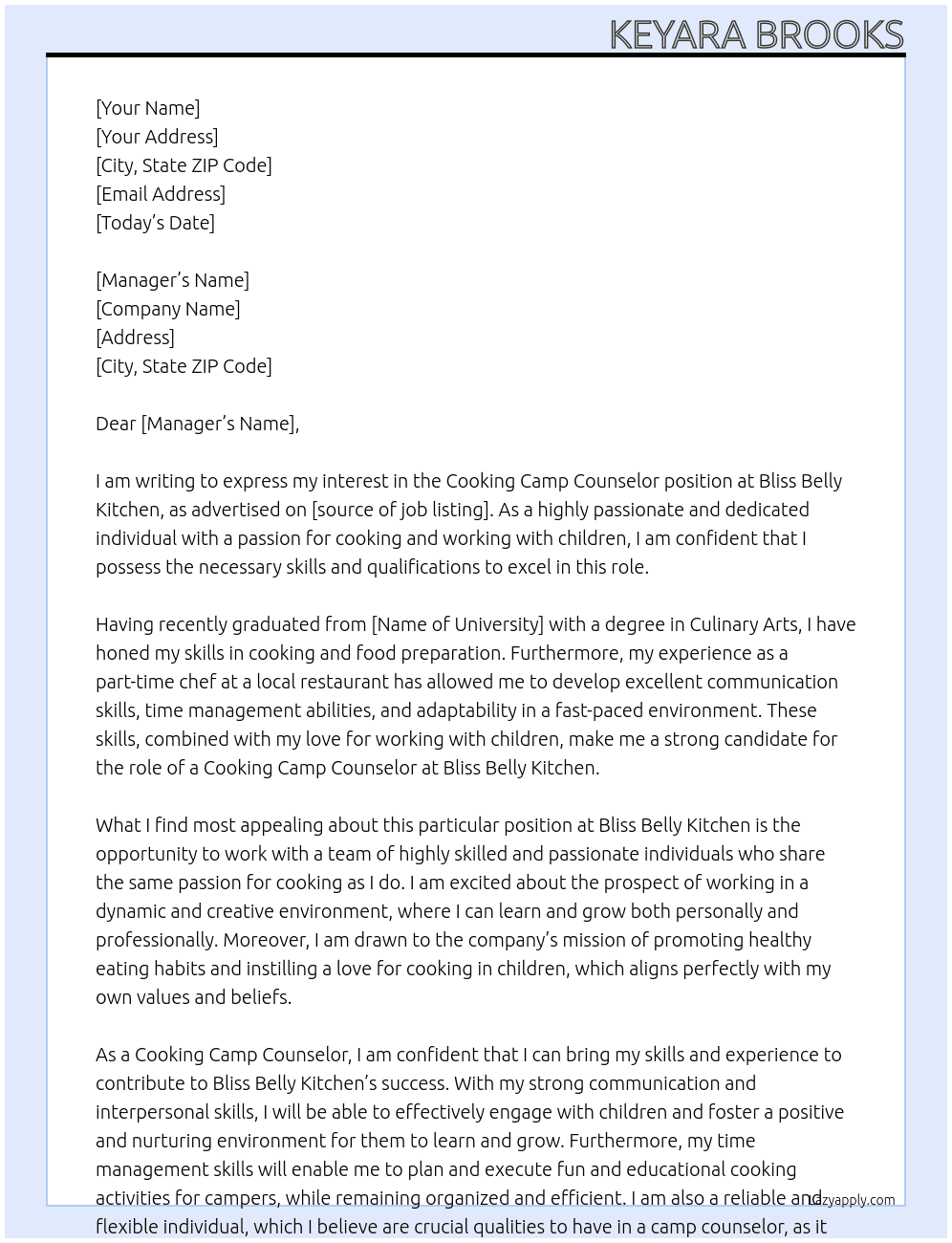 Cooking Camp counselor  At Bliss Belly Kitchen Cover Letter