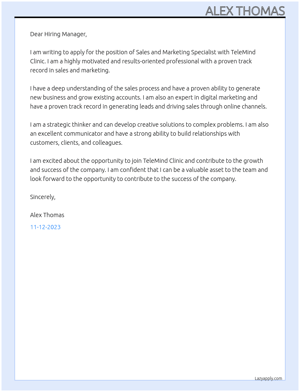 Sales and Marketing Specialist At TeleMind Clinic Cover Letter