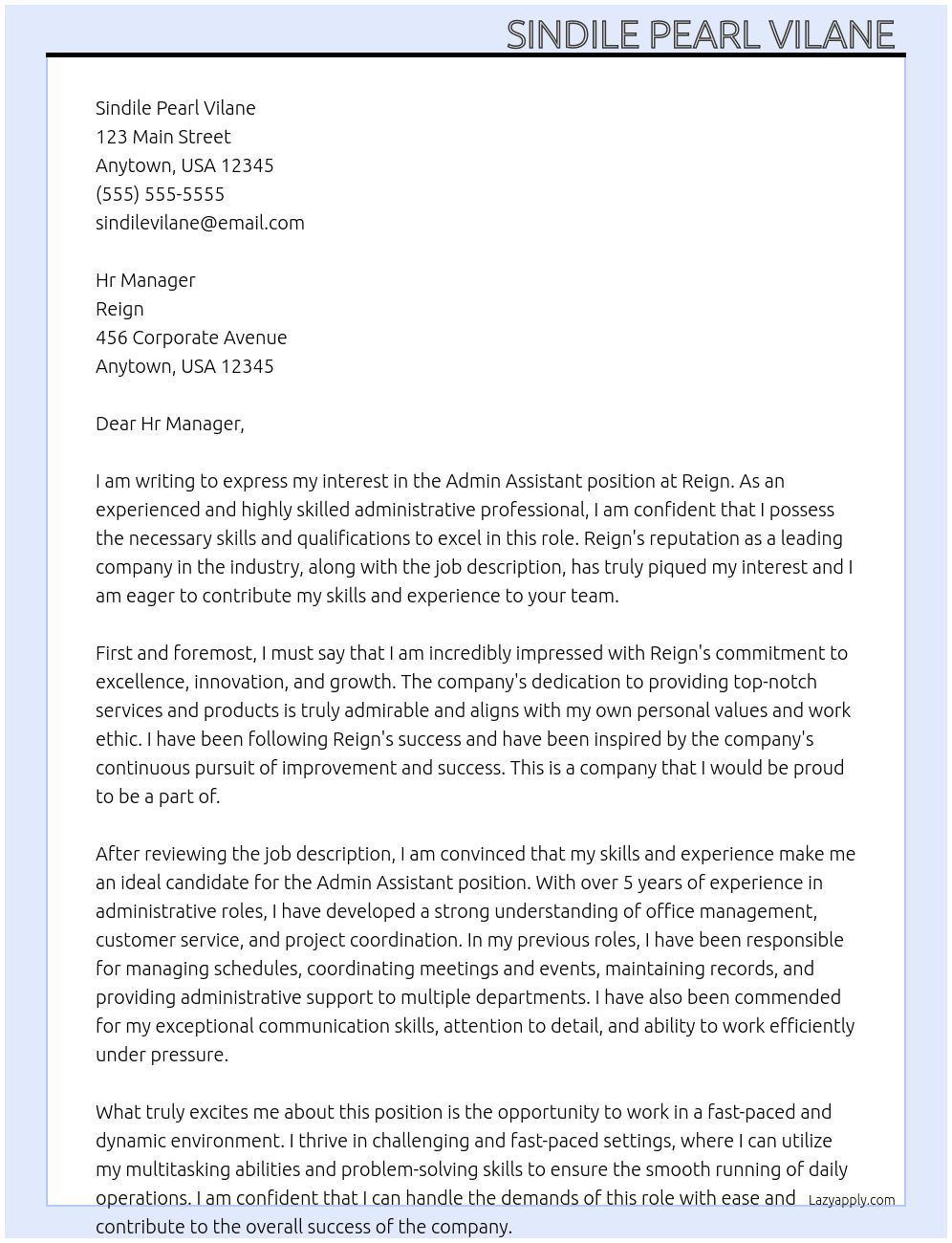 Admin Assistant  At Reign Cover Letter