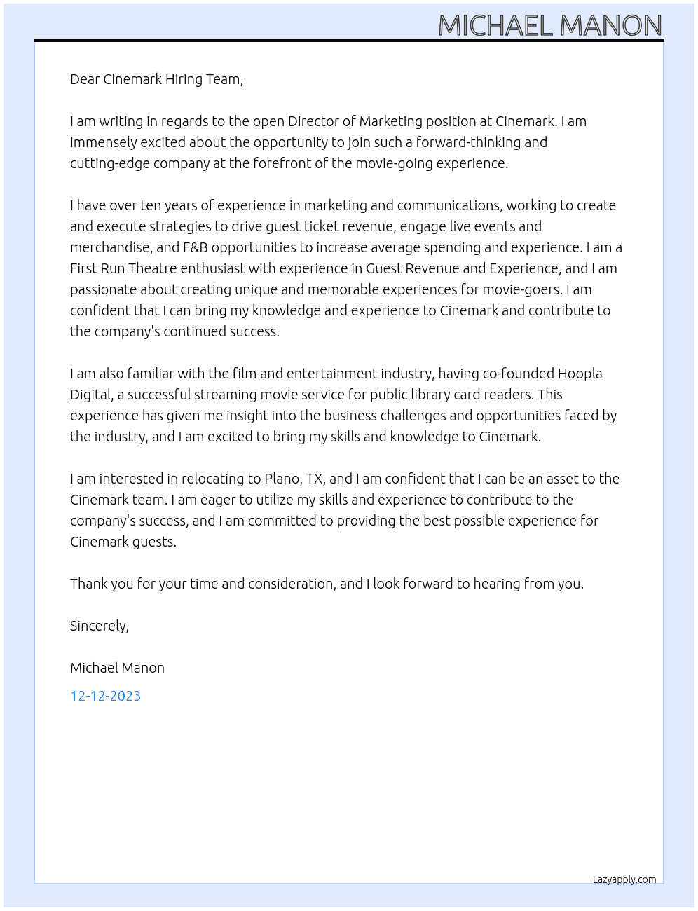 Director of Marketing At Cinemark Cover Letter