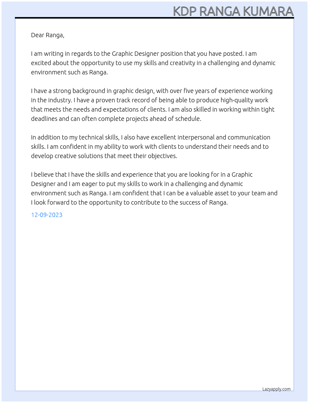 GRAPHIC DESIGNER At Ranga Cover Letter