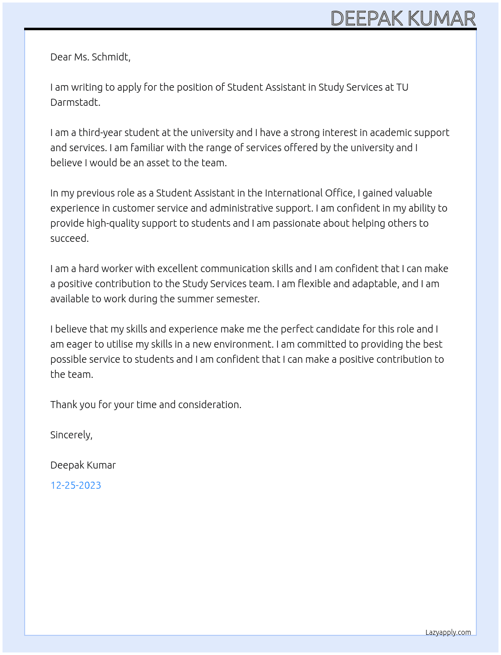 Student assistant in study services At TU Damrstadt Cover Letter