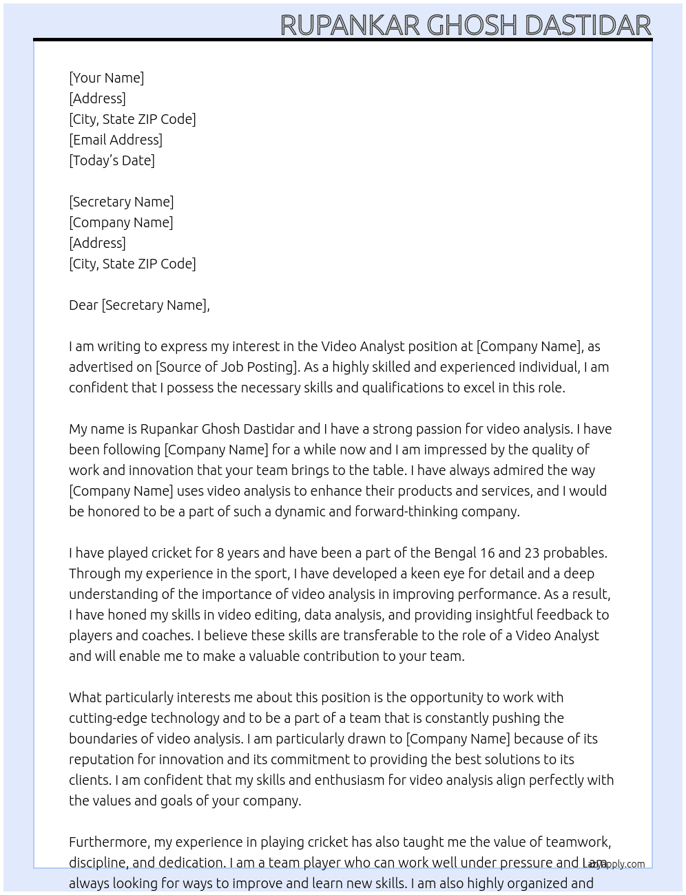 Video Analyst At to learn the course Cover Letter