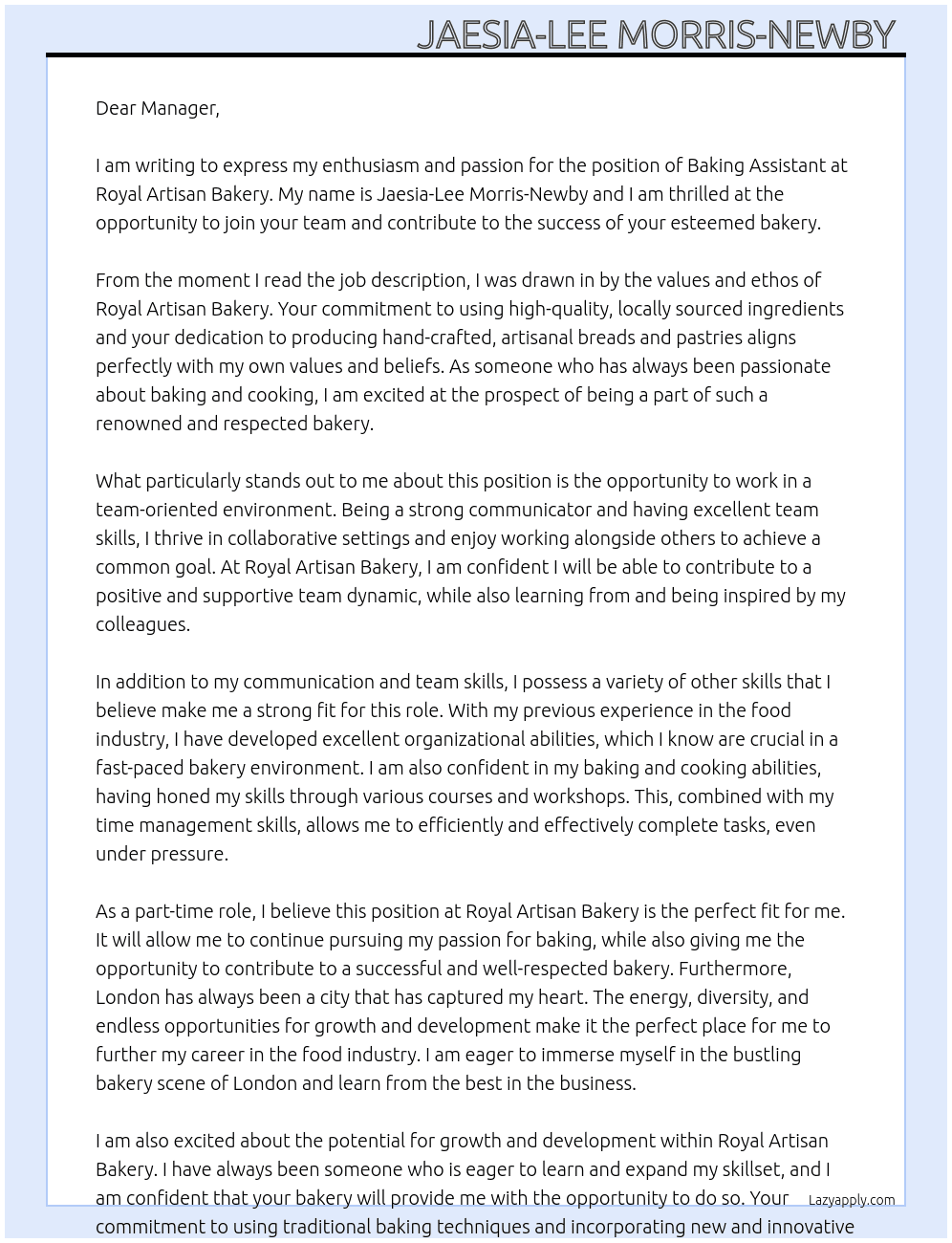 baking aissistant At Royal Artisan Bakery Cover Letter