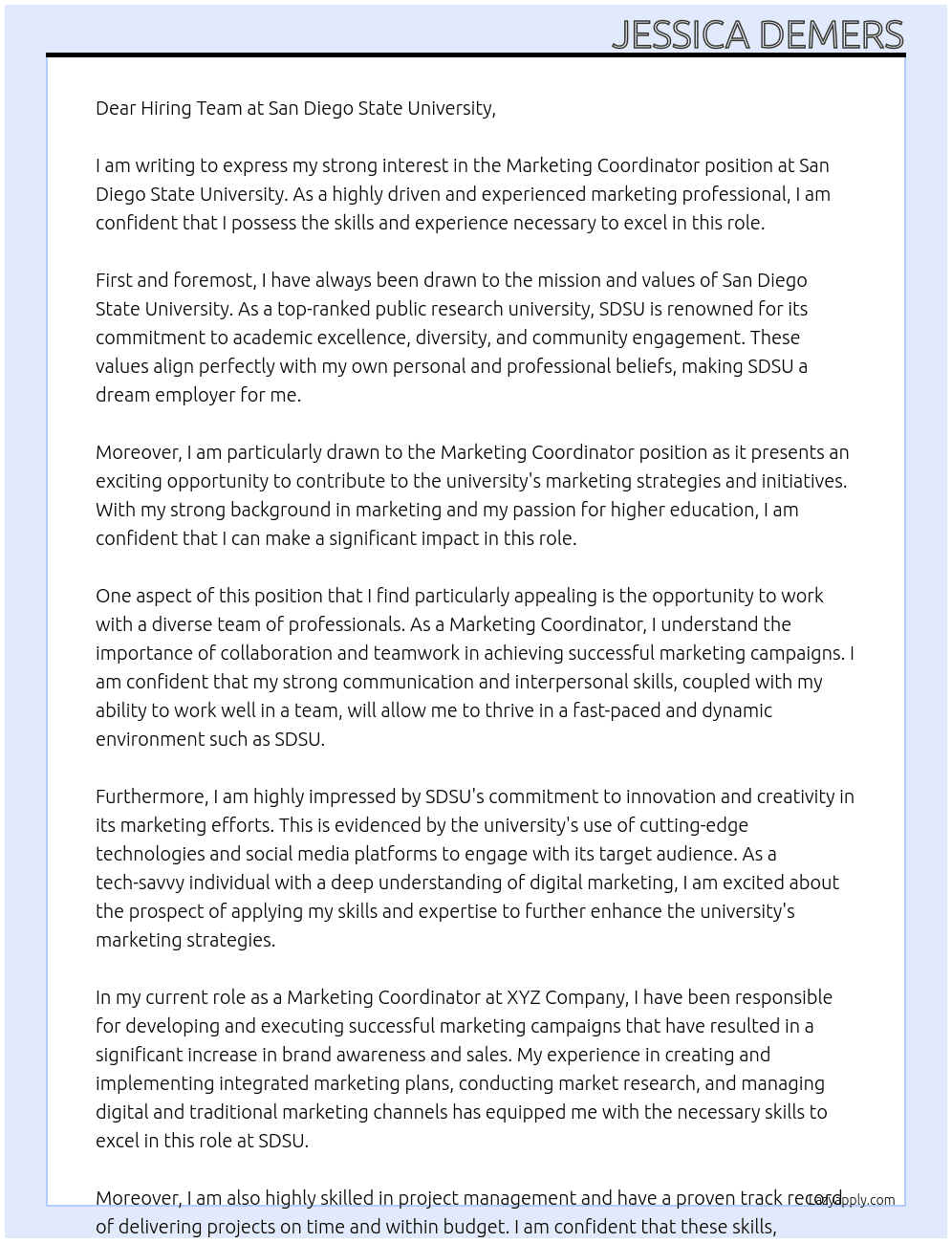 Marketing Coordinator At San Diego State University  Cover Letter