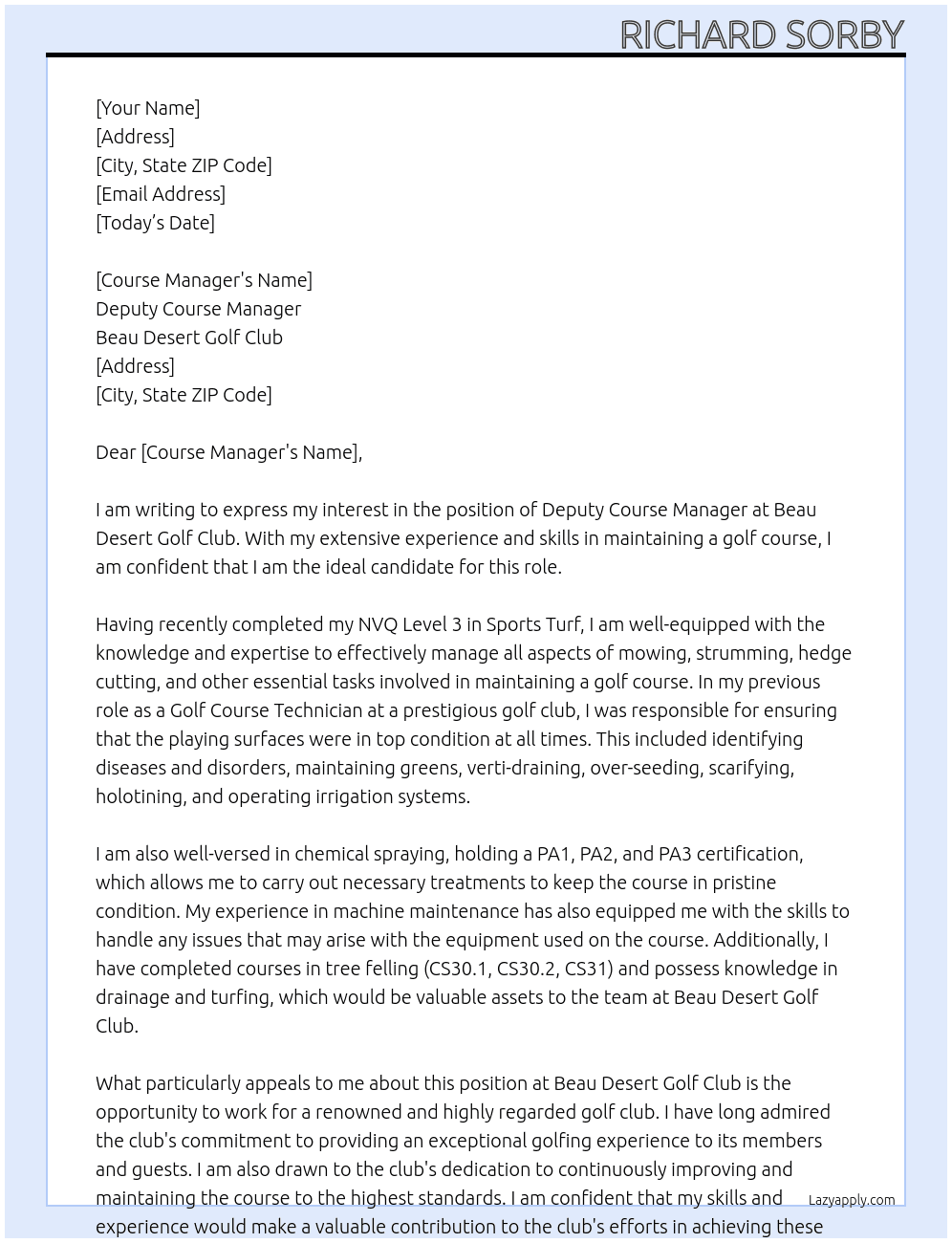 Cover letter for deputy course manager - LazyApply