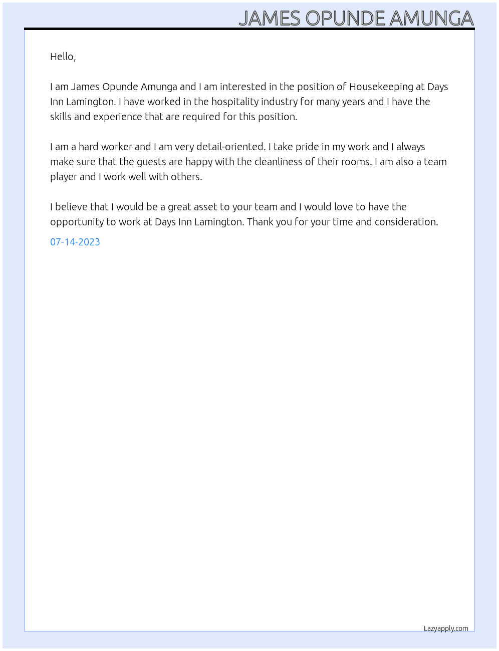 Housekeeping  At Days Inn lamington  Cover Letter