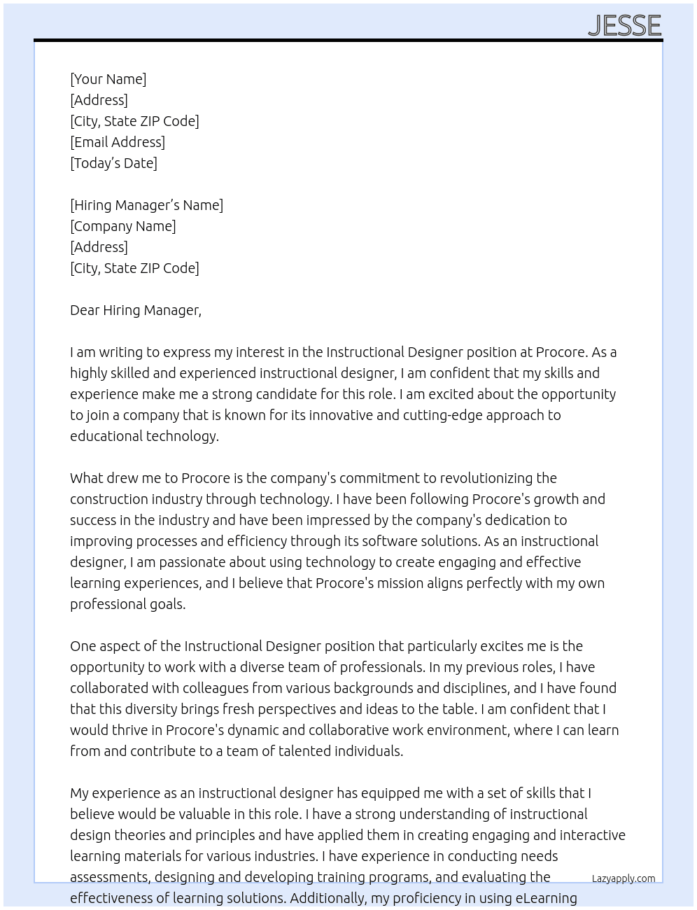 instructional designer At procore Cover Letter