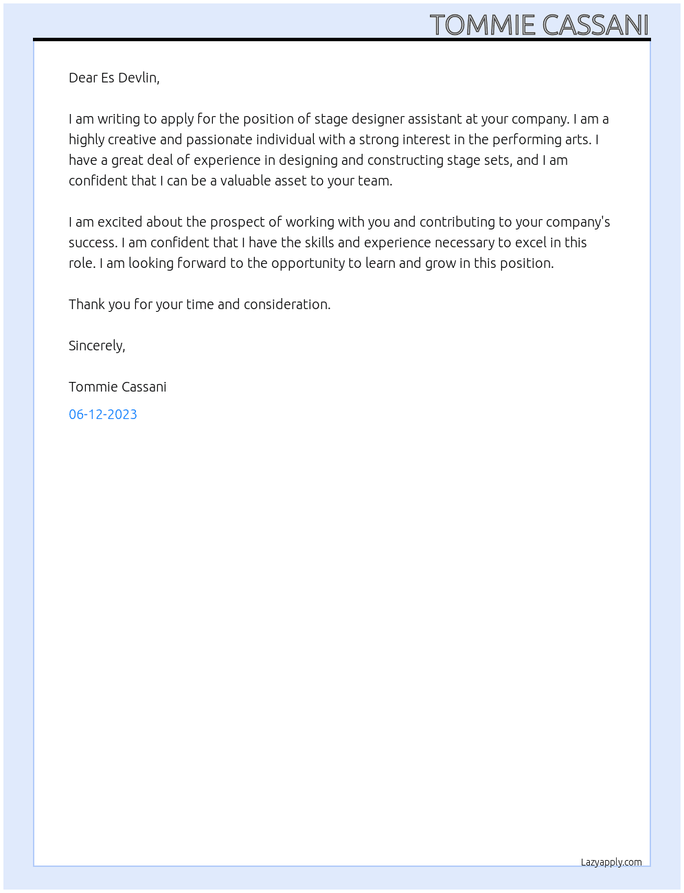 Stage designer assistant At Es Devlin Cover Letter