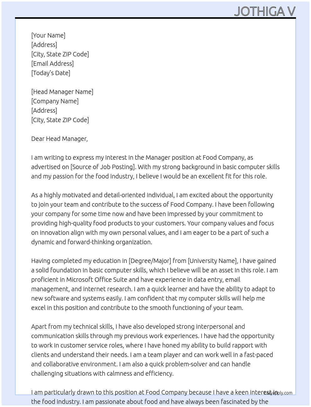 Manager At Food company Cover Letter