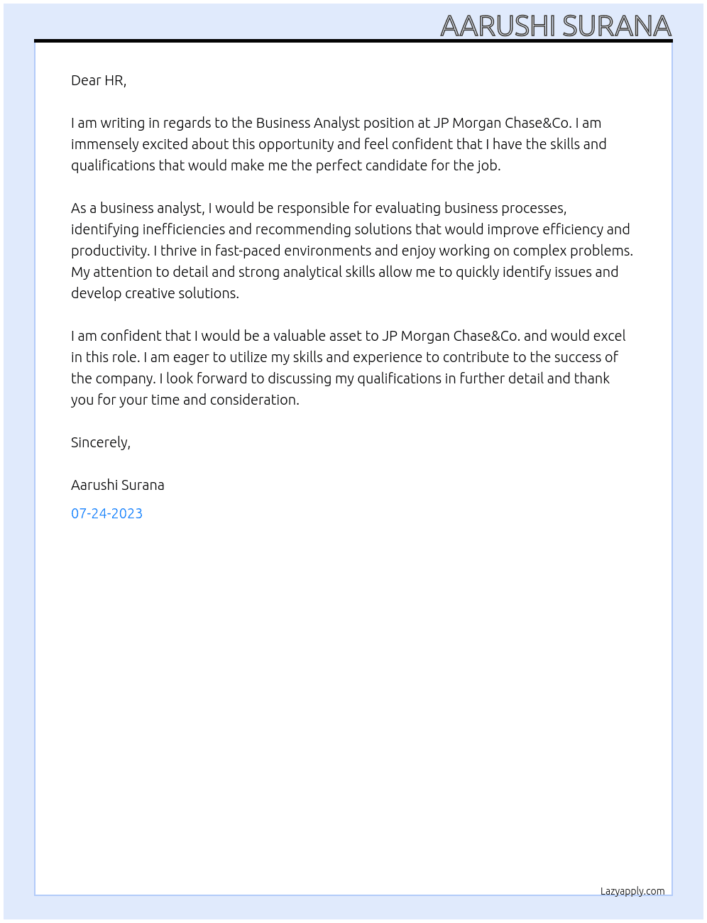 Business Analyst At JP Morgan Chase&Co. Cover Letter