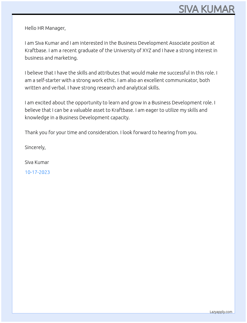 Business Development Associate At Kraftbase Cover Letter
