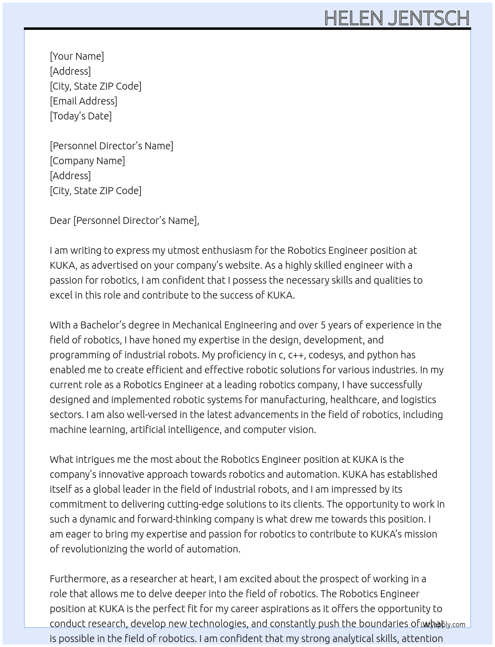 robotics engineer At KUKA Cover Letter