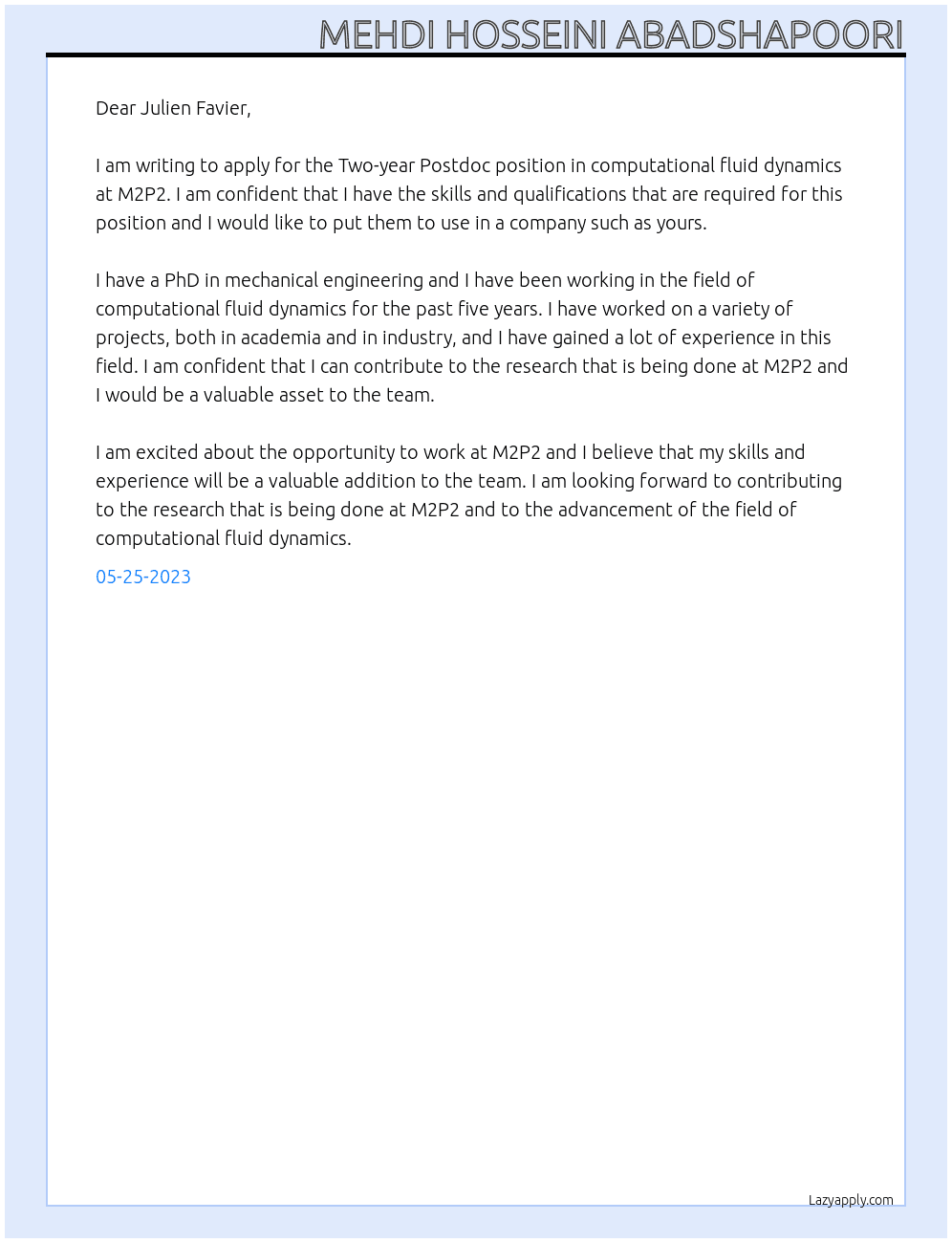 Two-year Postdoc position in computational fluid dynamics At M2P2 Cover Letter