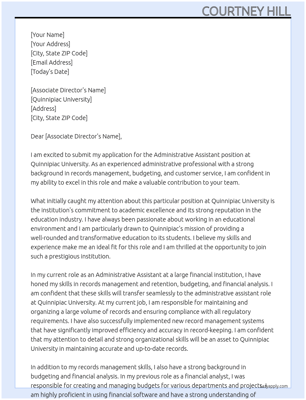 administrative assistant At quinnipiac university Cover Letter