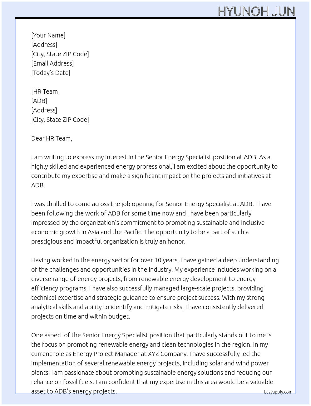 Senior Energy Specialist At ADB Cover Letter
