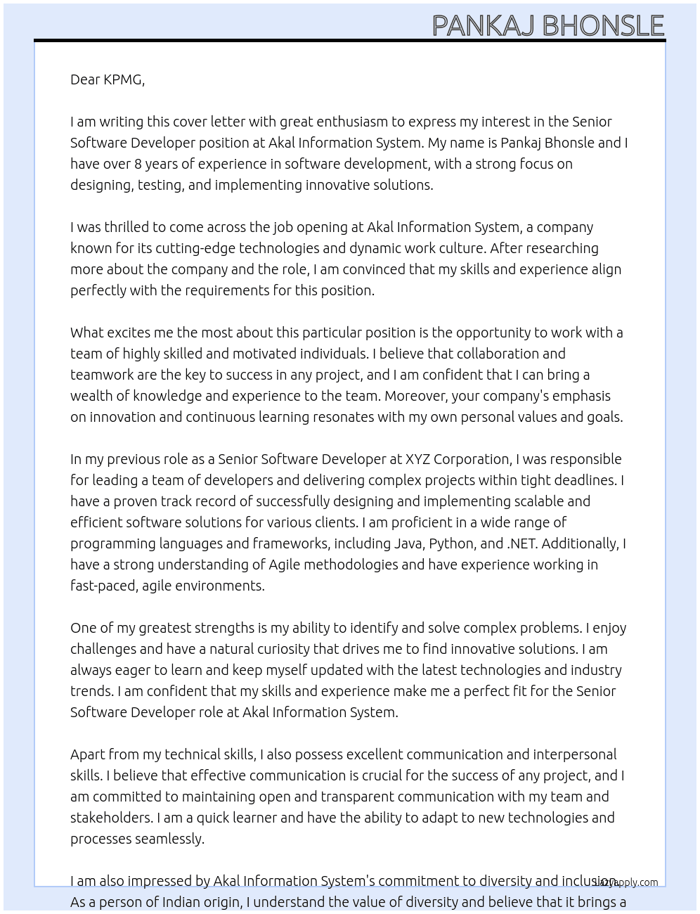 Sr software developer At Akal information system Cover Letter