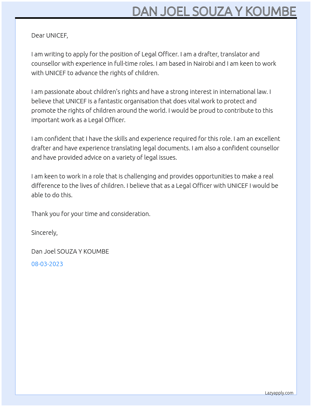 LEGAL OFFICER At UNICEF Cover Letter
