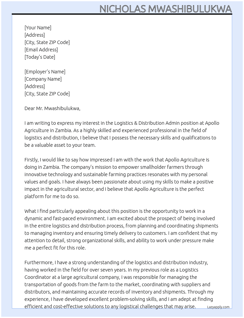 Logistics & Distribution Admin - Zambia At Apollo Agriculture Cover Letter