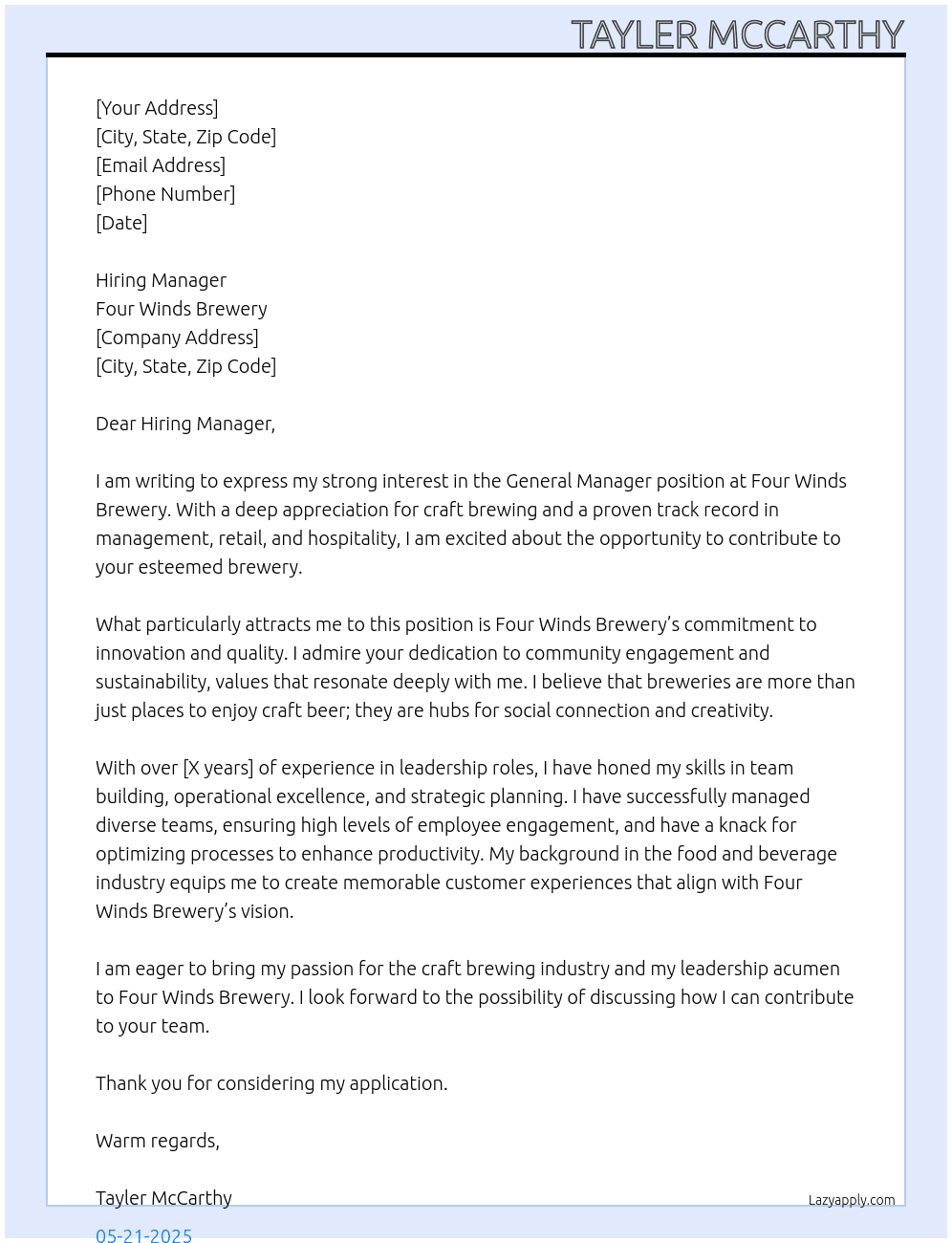 General Manager At Four Winds Brewery Cover Letter