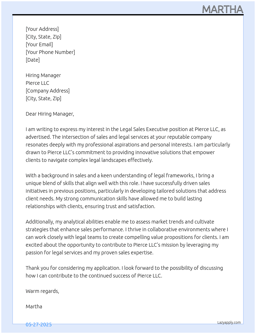 Cover letter for legal sales executive - LazyApply