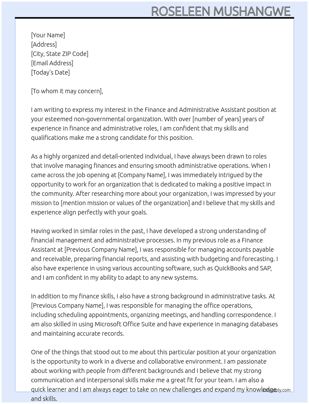Finance and Administrative Assistant At Non governmental organization  Cover Letter